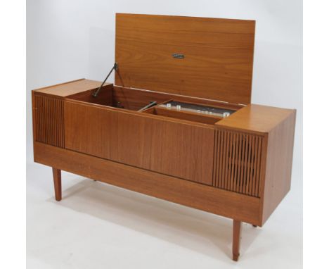 A 1960's retro teak cased radiogram, with inner turntable and radio, front meshwork speaker cabinet and hinged lid on shaped 