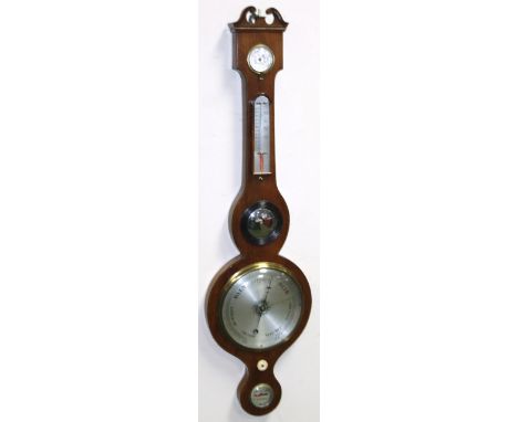 An Edwardian mahogany ebonised and boxwood strung five dial banjo barometer, signed Massingham Boston, with upper thermometer