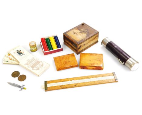 A Japanese marquetry cigarette box, Galalith gaming counters, a Dring & Fage slide rule, cigarette cases, a Ward & Goldstone 