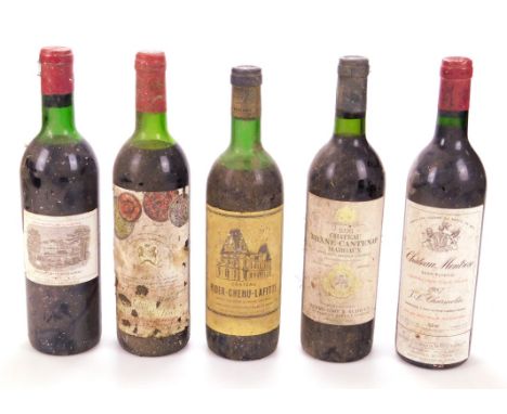 Five bottles of red wine, comprising Chateau Rider-Chenu-Lafitte 1973, Chateau Moulin R--Tisch 1978, Chateau Brane-Cantenac M