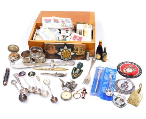 Various military related, other bygones, collectables, etc., miniature Guinness bottle 8cm high, various silver napkin rings,
