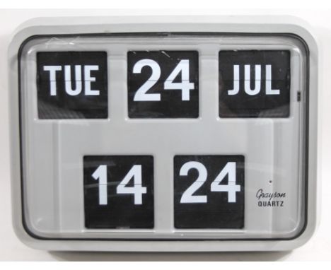 A 1980's retro electric Grayson quartz wall clock, with articulated Arabic numerals and date, in grey surround, 30cm H, 40cm 