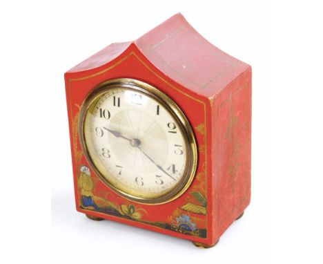 A 1930's mantel clock, in an arched red chinoiserie case with French timepiece movement, 16cm high. 