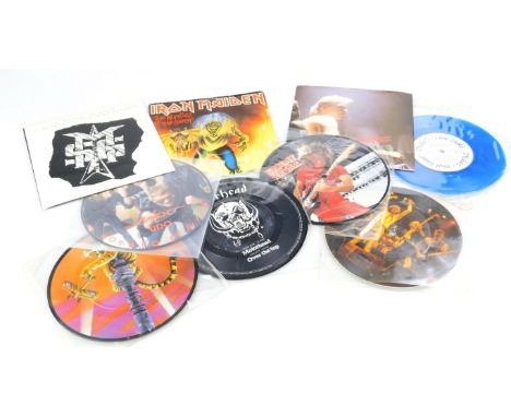 Various 45rpm records, Metal, Iron Maiden The Number Of The Best, with picture sleeve, in red vinyl, Attack Of The Mad Axe Ma