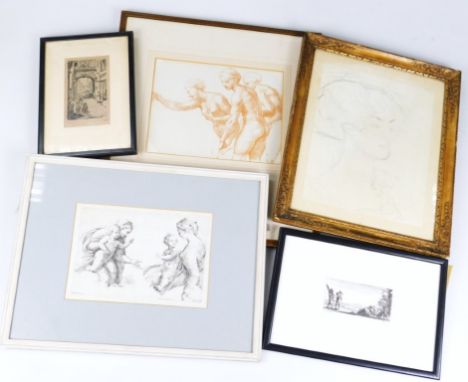 After Raphael. The Three Graces after an original red crayon study, a classical Old Master engraving, a pencil drawing portra