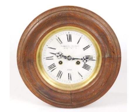An early 20thC oak cased French wall clock, with 18cm dia. Roman numeric dial marked Cardinet Paris, with two winding holes r