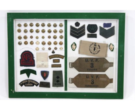Various army and war related buttons, iron on badges, etc., Irish related to include AFS Belfast, UVF 3 Tyrone, various brass