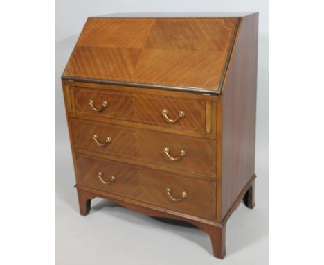An early 20thC mahogany chequer banded bureau, the fall front revealing a fitted interior, above three drawers, on bracket fe