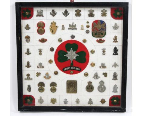Various army and war related Irish cap badges, buttons, iron on badges, etc, to include The Leinster, 5cm high, others for Co