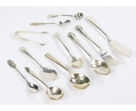 A George V silver christening fork and spoon, Sheffield 1911, silver jam spoons, butter knife, sugar nips and sundries, 6.88o