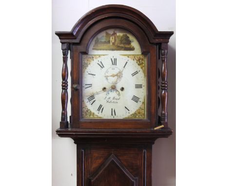 A 19thC longcase clock of small proportion, the 28cm  wide painted dial signed J M Read, Helston, with Roman numeric dial, su