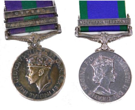 An Elizabeth II medal with Northern Ireland clasp marked 24845916-LCPL G Barnes AAC, and another George VI medal with Cyprus 