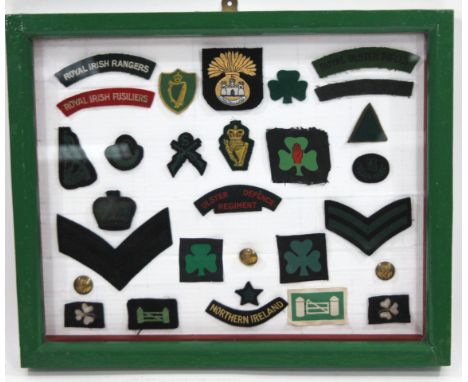 various army and military related iron on badges, Irish related, to include Royal Irish Rangers shoulder badge, white letteri