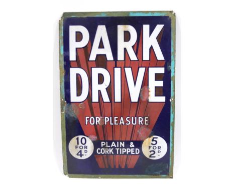 A Park Drive For Pleasure enamel advertising sign, marked 10 for 4d 5 for 2d, 77cm x 51cm.
