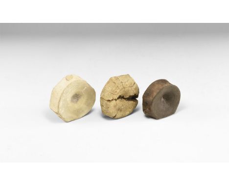 Jurassic Period, 199-145 million years BP. A group of three large fossil vertebrae, one with a label reading: 'Icthyosaur ver