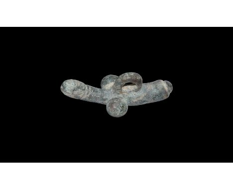 1st-2nd century AD. A bronze phallic pendant with large suspension loop with double ended phallus between testicles.   43 gra