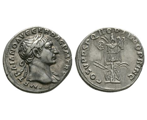 107 AD. Rome mint. Obv: IMP TRAIANO AVG GER DAC P M TR P legend with laureate bust right. Rev: COS V P P S P Q R OPTIMO PRINC