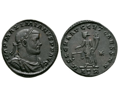 300-301 AD. Trier mint. Obv: IMP MAXIMIANVS PF AVG legend with laureate, draped and cuirassed bust right. Rev: M SACRA AVGG E