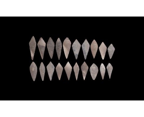 Neolithic, 3rd-2nd millennium BC. A group of twenty pale grey flint bifacial leaf-shaped knapped and ground points.   99 gram