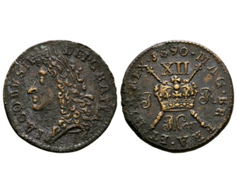 Dated March 1690 AD. Obv: profile bust with IACOBVS II DEI GRATIA legend. Rev: crown over crossed sceptres with XII over, I -