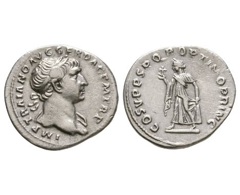 107 AD. Rome mint. Obv: IMP TRAIANO AVG GER DAC P M TR P legend with laureate bust right. Rev: COS V P P S P Q R OPTIMO PRINC