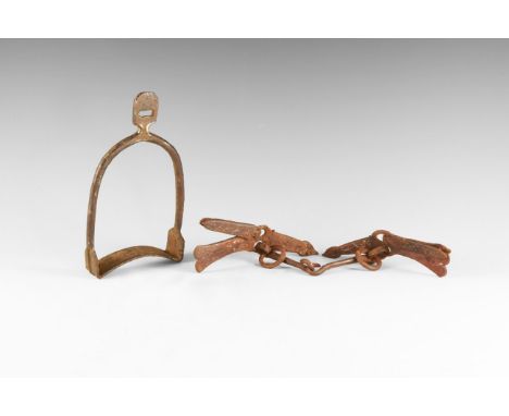 9th-10th century AD. A mixed iron group comprising: a snaffle bit with square-section bridle ring to each end, fish-shaped pl