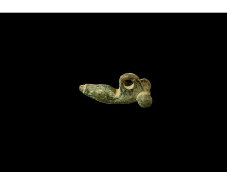 1st century BC-2nd century AD. A bronze pendant of a phallus with substantial loop to the upper face. Cf. Rolland, H. Bronzes