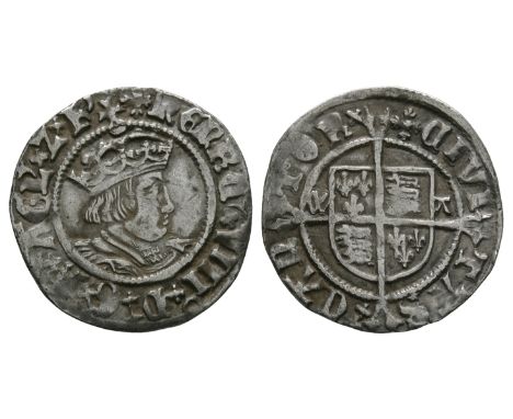 1526-1532 AD. Second coinage. Obv: profile bust with HENRIC VIII D G R AGL Z F legend and 'cross patonce' mintmark. Rev: long