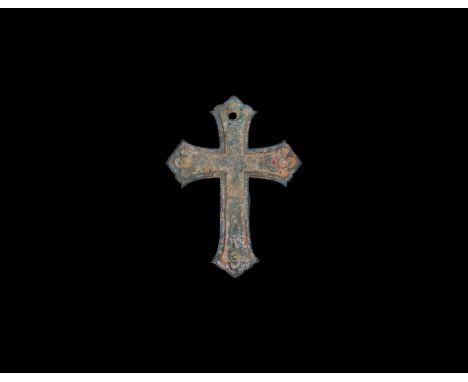 12th century AD. A large bronze 'Latin' cross with trefoil ends to the arms and with recessed body and round indents to the e
