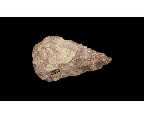 Acheulian, 400,000-300,000 years BP. A chert leaf-shaped handaxe with broad butt, old inked notation 'Somme / Dordogne' to on