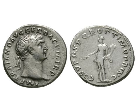 108 AD. Rome mint. Obv: IMP TRAIANO AVG GER DAC P M TR P legend with laureate bust right. Rev: COS V P P S P Q R OPTIMO PRINC