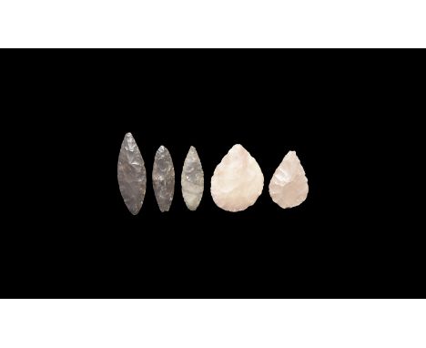5th millennium BC. A group of five leaf-shaped flint and chert blades.   20 grams total, 33-47mm (1 1/4 - 1 3/4"). Property o