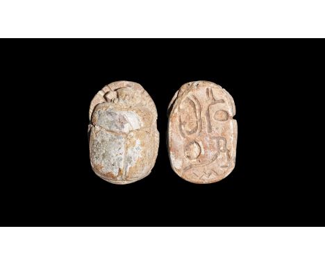 19th Dynasty, 1295-1186 BC. A glazed steatite scarab inscribed to the underside with the prenomen User-kheper-Ra Setep-en-Ra 