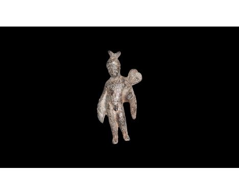 1st-2nd century AD. A bronze statuette of Mercury (Hermes), naked and standing, chlamys over the left shoulder and holding a 