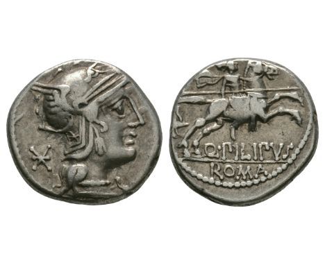 129 BC. Rome mint. Obv: helmetted head of Roma right, XVI monogram behind. Rev: Macedonian horseman right with goat-horned Ma