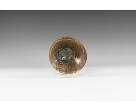 Song Dynasty, 960-1127 AD. A conical ceramic bowl with basal ring, brown 'hare's fur' glaze with crackle surface.   196 grams