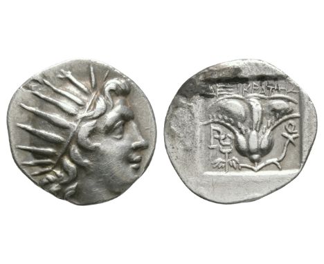 166-88 BC. Magistrate Dexikrates. Obv: radiate head of Helios right. Rev: R-O to left and right of rose, bud to right, magist