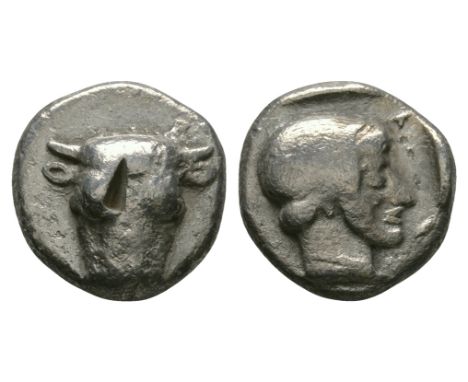 485-480 BC. Obv: bull's head facing. Rev: F-O-K-I legend around from bottom left, archaic head of Artemis right, hair tied up