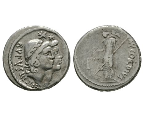 46 BC. Rome mint. Obv: RVFVS III VIR legend with jugate heads of the Dioscuri right each wearing a laureate pileus with a sta