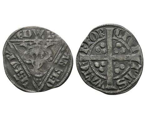 1279-1284 AD. Second coinage, class 1b. Obv: facing bust with pellet trefoil on breast within triangle with EDW R ANGL D NS H