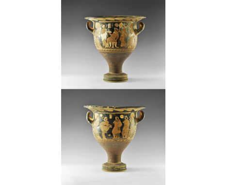 5th-3rd century BC. A large ceramic bell krater with pedestal base, bell-shaped body, square handles and broad everted rim; t