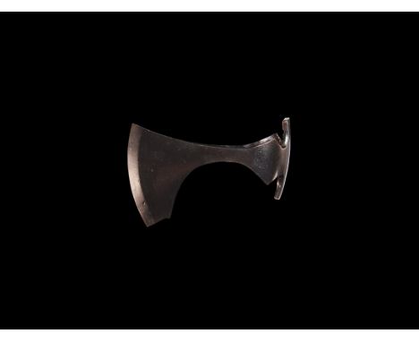 9th-11th century AD. An iron axehead with triangular-section blade, narrow neck widening to a broad bevelled edge with square