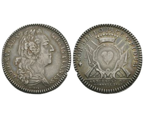 Dated 1757 AD. By Roettier. Obv: profile bust with R FIL below and LUD XV REX CHRISTIANISS legend. Rev: crowned shield with h