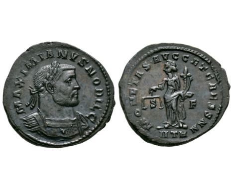 302-303 AD. Trier mint. Obv: MAXIMIANVS NOBIL C legend with laureate, cuirassed bust right. Rev: MONETA S AVGG ET CAESS NN le