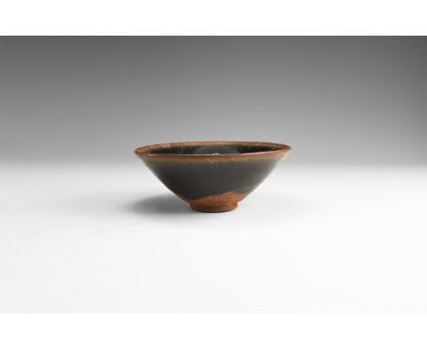 Song Dynasty, 960-1127 AD. A conical ceramic bowl with basal ring, brown 'hare's fur' glaze.   179 grams, 12cm (4 3/4"). From
