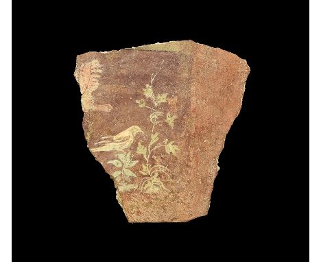 1st century AD. A thick piece of coarse mortar with a thin layer of plaster painted with the scene of a bird standing on a sm