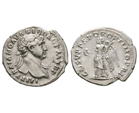 107 AD. Rome mint. Obv: IMP TRAIANO AVG GER DAC P M TR P legend with laureate bust right. Rev: COS V P P S P Q R OPTIMO PRINC