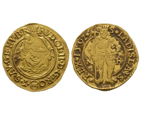 Dated 1592 AD. Obv: Madonna seated with RVDOL II D G RO I S AV GE HV B R legend. Rev: St Ladislaus standing with K left and B