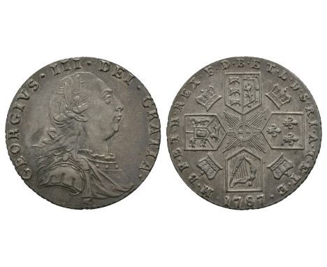 Dated 1787 AD. Early coinages. Obv: profile bust with GEORGIVS III DEI GRATIA legend. Rev: cruciform arms with no semée of he