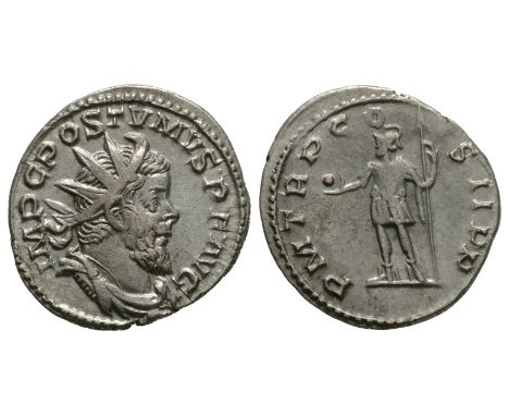 260 AD. Cologne mint. Obv: IMP C POSTVMVS PF AVG legend with radiate, draped bust right. Rev: PM TRP COS II PP legend with em